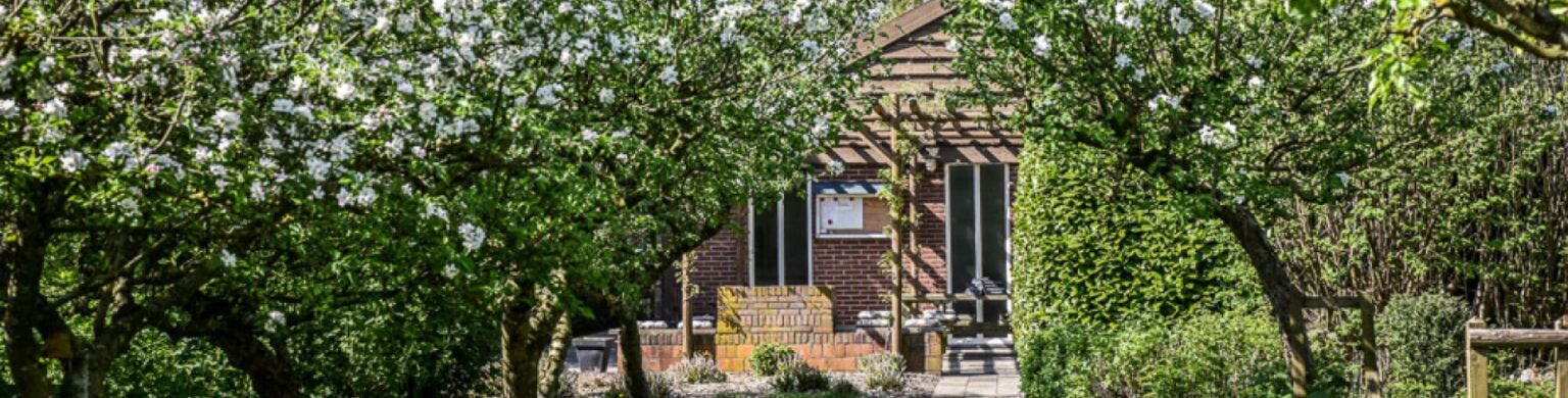 Koffiehuis en theetuin in het voedselbos drenthe in boomgaard bij voedselbos Drenthe